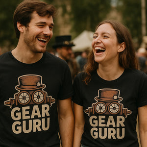 Person wearing the black steampunk t shirt graphic tee - "Gear Guru" design