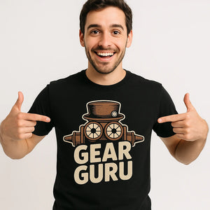 Close-up of the "Gear Guru" beige print on a premium Bella+Canvas black steampunk t shirt