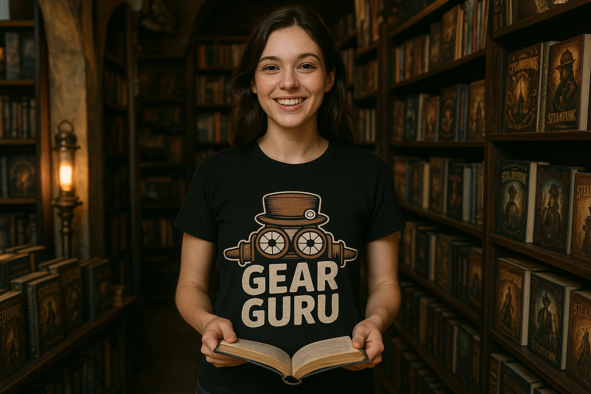 Lifestyle shot of the "Gear Guru" black steampunk t shirt in a real-world setting