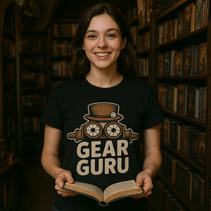 Lifestyle shot of the "Gear Guru" black steampunk t shirt in a real-world setting