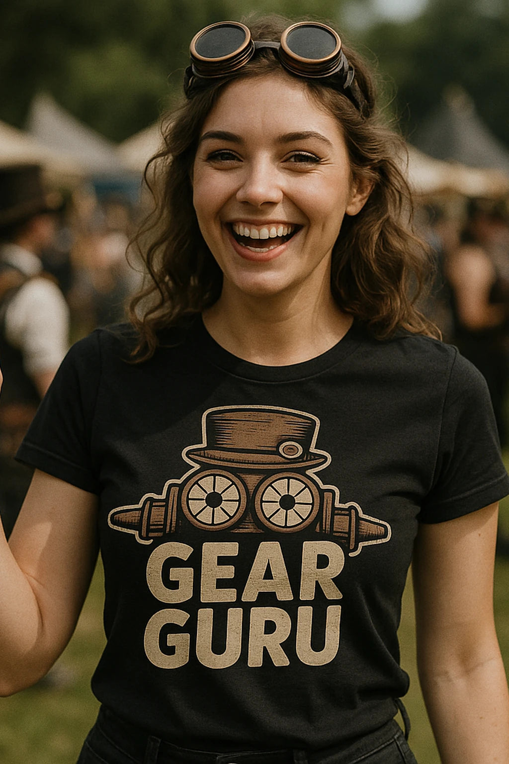 "Gear Guru" black steampunk t shirt, photographed as steampunk lover gift