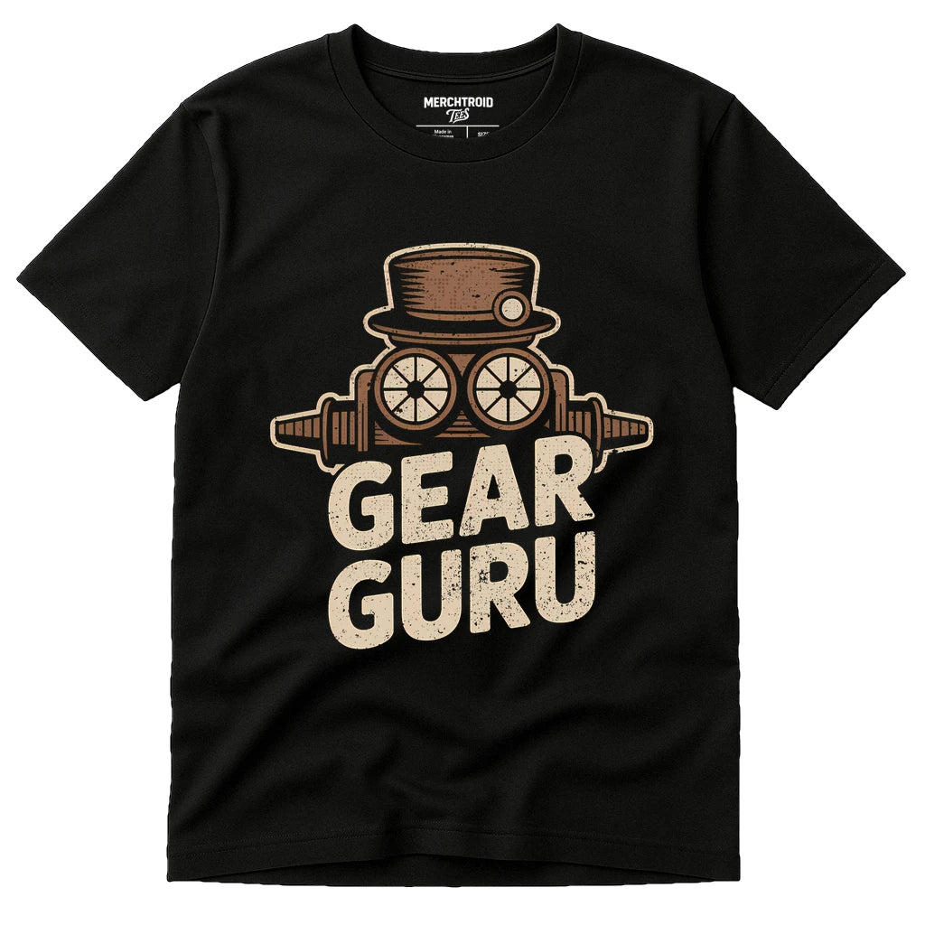 Black Steampunk T Shirt - "Gear Guru" graphic tee with beige print, flat lay product photo