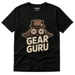 Black Steampunk T Shirt - "Gear Guru" graphic tee with beige print, flat lay product photo