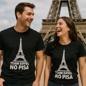Person wearing the black the eiffel tower t shirt graphic tee - "Team Eiffel No Pisa" design