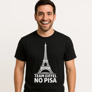 Close-up of the "Team Eiffel No Pisa" white print on a premium Bella+Canvas black the eiffel tower t shirt