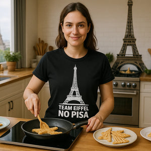 Lifestyle shot of the "Team Eiffel No Pisa" black the eiffel tower t shirt in a real-world setting