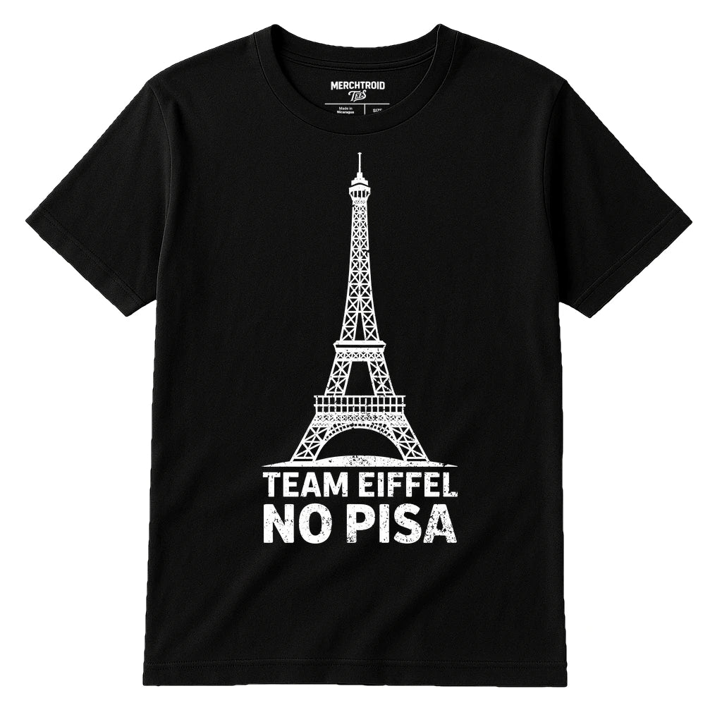 Black The Eiffel Tower T Shirt - "Team Eiffel No Pisa" graphic tee with white print, flat lay product photo