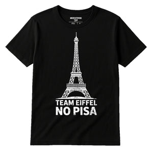 Black The Eiffel Tower T Shirt - "Team Eiffel No Pisa" graphic tee with white print, flat lay product photo