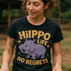 "Hippo Life No Regrets" black hippo t shirt - also a hippo for christmas shirt