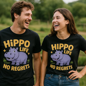 Person wearing the black hippo t shirt graphic tee - "Hippo Life No Regrets" design