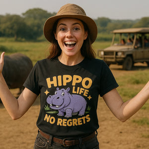 Lifestyle shot of the "Hippo Life No Regrets" black hippo t shirt in a real-world setting