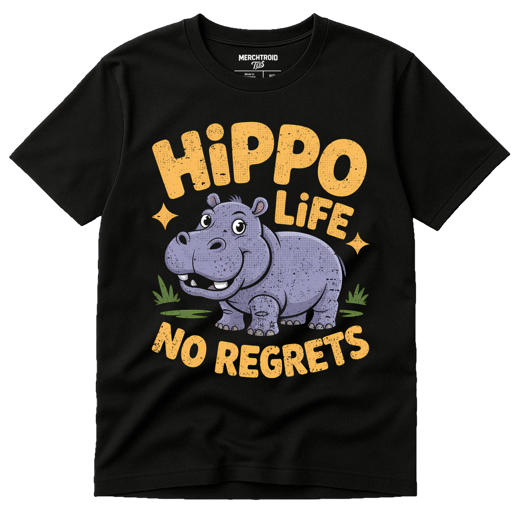 Black Hippo T Shirt - "Hippo Life No Regrets" graphic tee with gray print, flat lay product photo