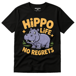 Black Hippo T Shirt - "Hippo Life No Regrets" graphic tee with gray print, flat lay product photo