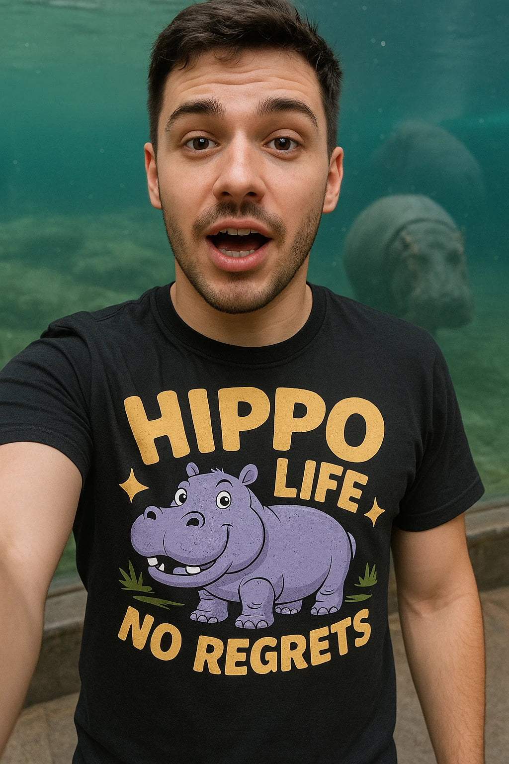 "Hippo Life No Regrets" black hippo t shirt, photographed as gifts for hippo lovers