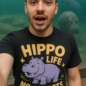 "Hippo Life No Regrets" black hippo t shirt, photographed as gifts for hippo lovers