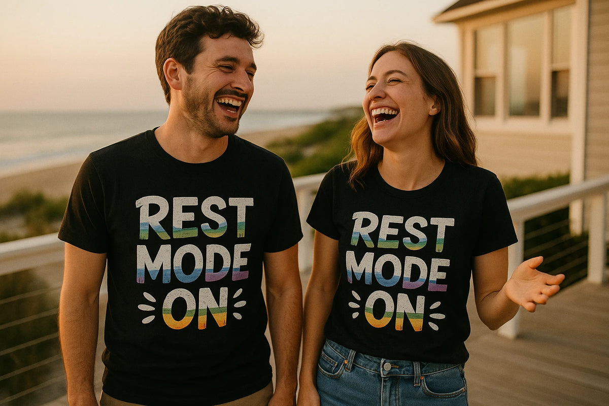 Person wearing the black relaxing t shirt graphic tee - "Rest Mode On" design