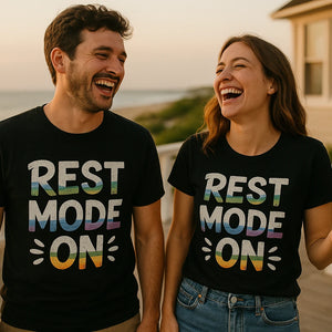 Person wearing the black relaxing t shirt graphic tee - "Rest Mode On" design