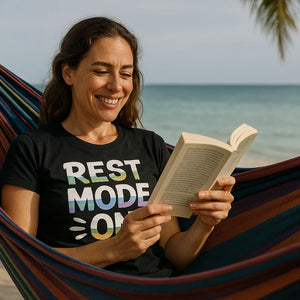 Lifestyle shot of the "Rest Mode On" black relaxing t shirt in a real-world setting