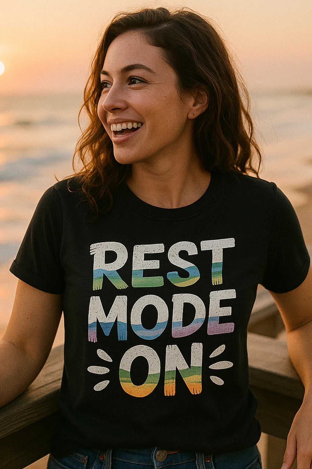 "Rest Mode On" black relaxing t shirt, photographed as relaxing lover gift