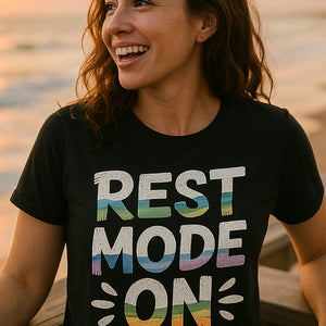 "Rest Mode On" black relaxing t shirt, photographed as relaxing lover gift