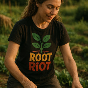 "Root Riot" black gardening tee shirts - also one of the best gifts for garden lovers