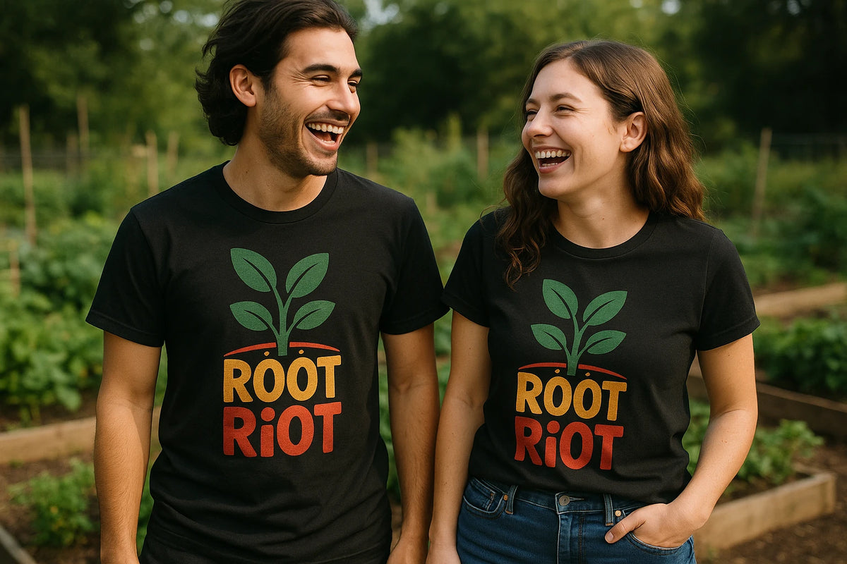Person wearing the black gardening tee shirts graphic tee - "Root Riot" design