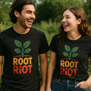 Person wearing the black gardening tee shirts graphic tee - "Root Riot" design