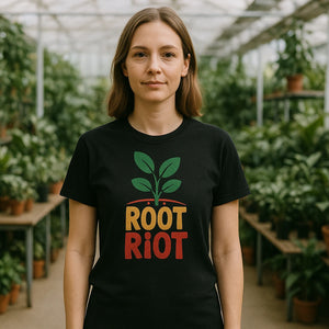 Lifestyle shot of the "Root Riot" black gardening tee shirts in a real-world setting