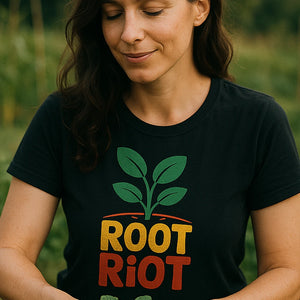 "Root Riot" black gardening tee shirts - also one of the gifts for someone who likes to garden