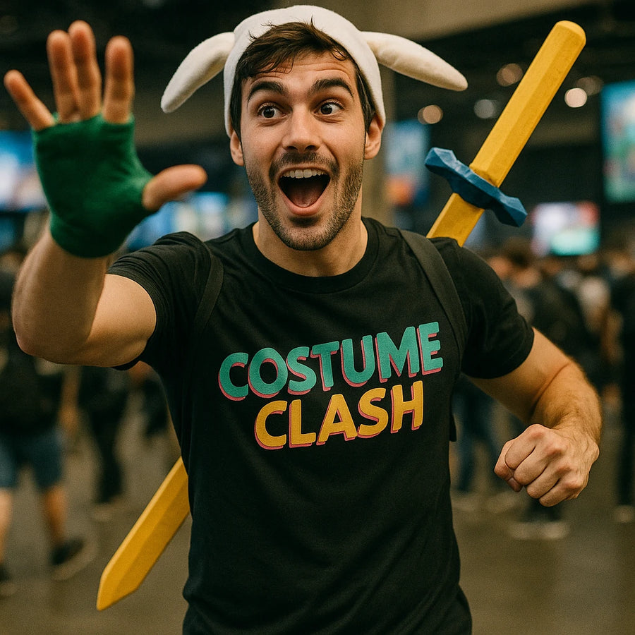 A person is energetically posing for the camera, wearing a black t-shirt with colorful text that reads "COSTUME CLASH." They have a playful expression, with a wide open mouth and raised hand. The person is also wearing a white hat with ear-like extensions and has a yellow foam sword strapped to their back. The setting appears to be an indoor event with people milling about in the background.