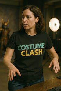 A person with shoulder-length brown hair wearing a black T-shirt that says 