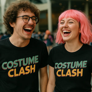 Person wearing the black cosplayers t shirt graphic tee - "Costume Clash" design