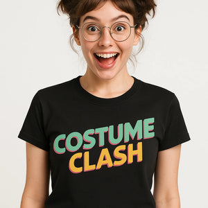 Close-up of the "Costume Clash" tan print on a premium Bella+Canvas black cosplayers t shirt