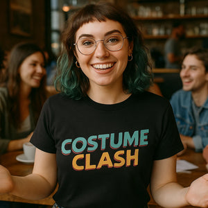 Lifestyle shot of the "Costume Clash" black cosplayers t shirt in a real-world setting