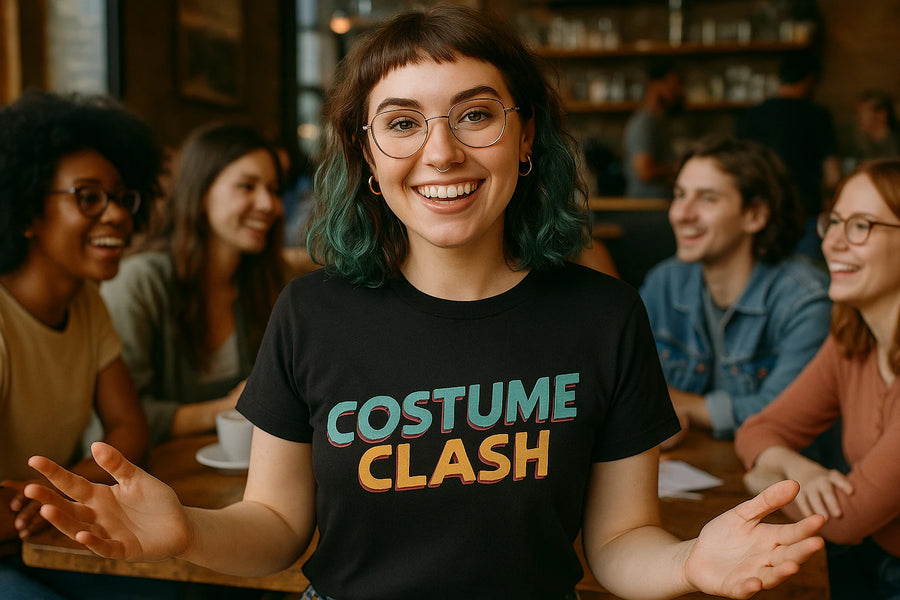 A person with shoulder-length, wavy hair colored in shades of brown and green stands smiling, wearing glasses and a black t-shirt with the text "COSTUME CLASH." They have hoop earrings and a nose ring. In the background, a group of people are sitting at a table in a casual setting, engaged in conversation.