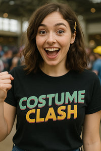 A person with shoulder-length brown hair and a hair clip is smiling widely, wearing a black T-shirt with the text 