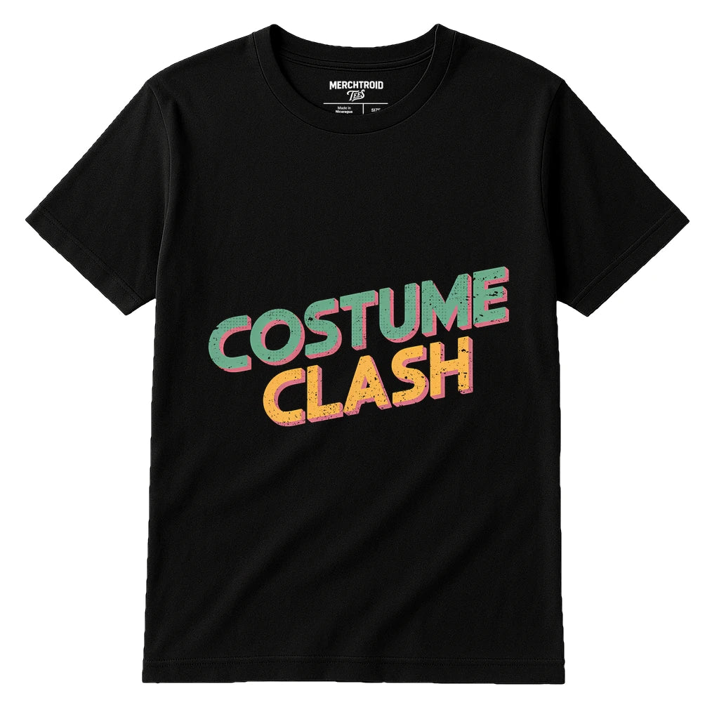 A black T-shirt with the words "COSTUME CLASH" printed in large, colorful letters on the front. The text features a distressed effect in green and yellow hues.
