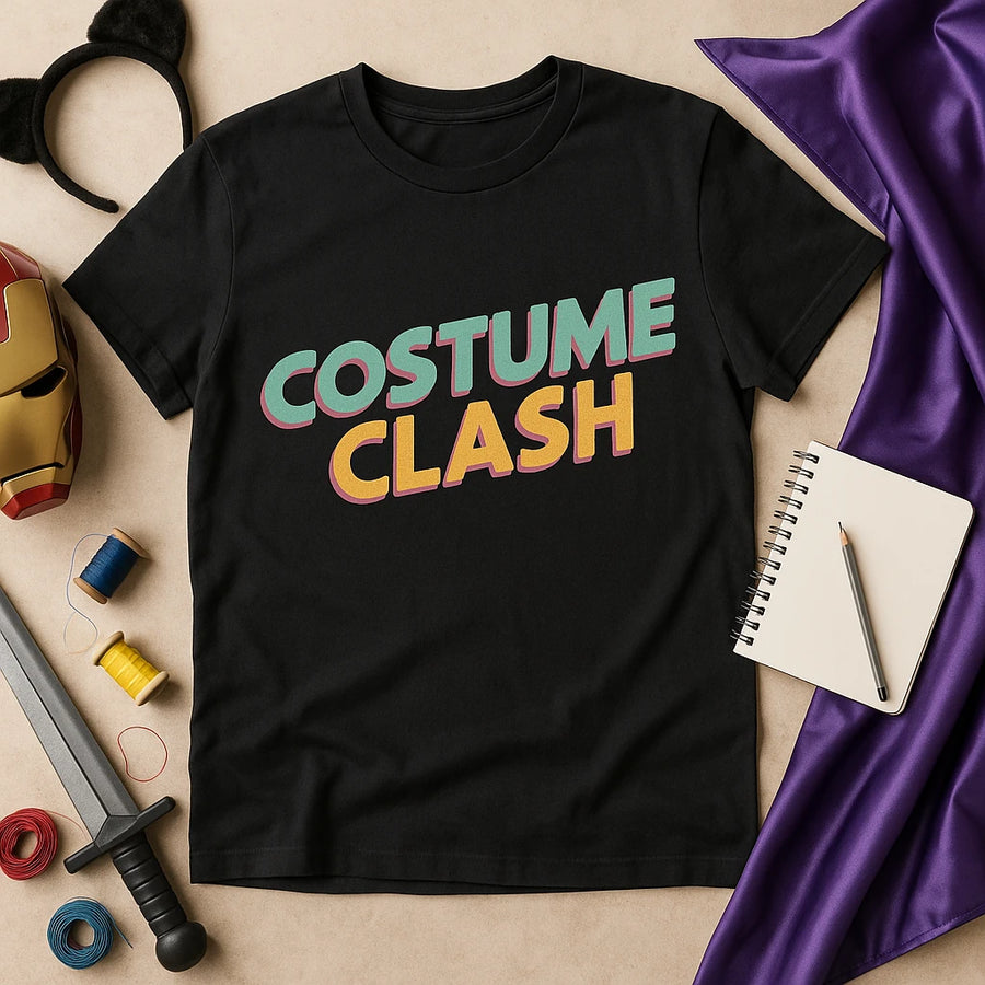 A black t-shirt is laid out flat with the text "COSTUME CLASH" in bold, colorful letters on the front. Surrounding the t-shirt are a set of black mouse ears, a metallic helmet resembling a superhero mask, a plastic sword, spools of thread in various colors, an open notebook with a pencil, and a piece of purple fabric. The objects are arranged on a beige background.