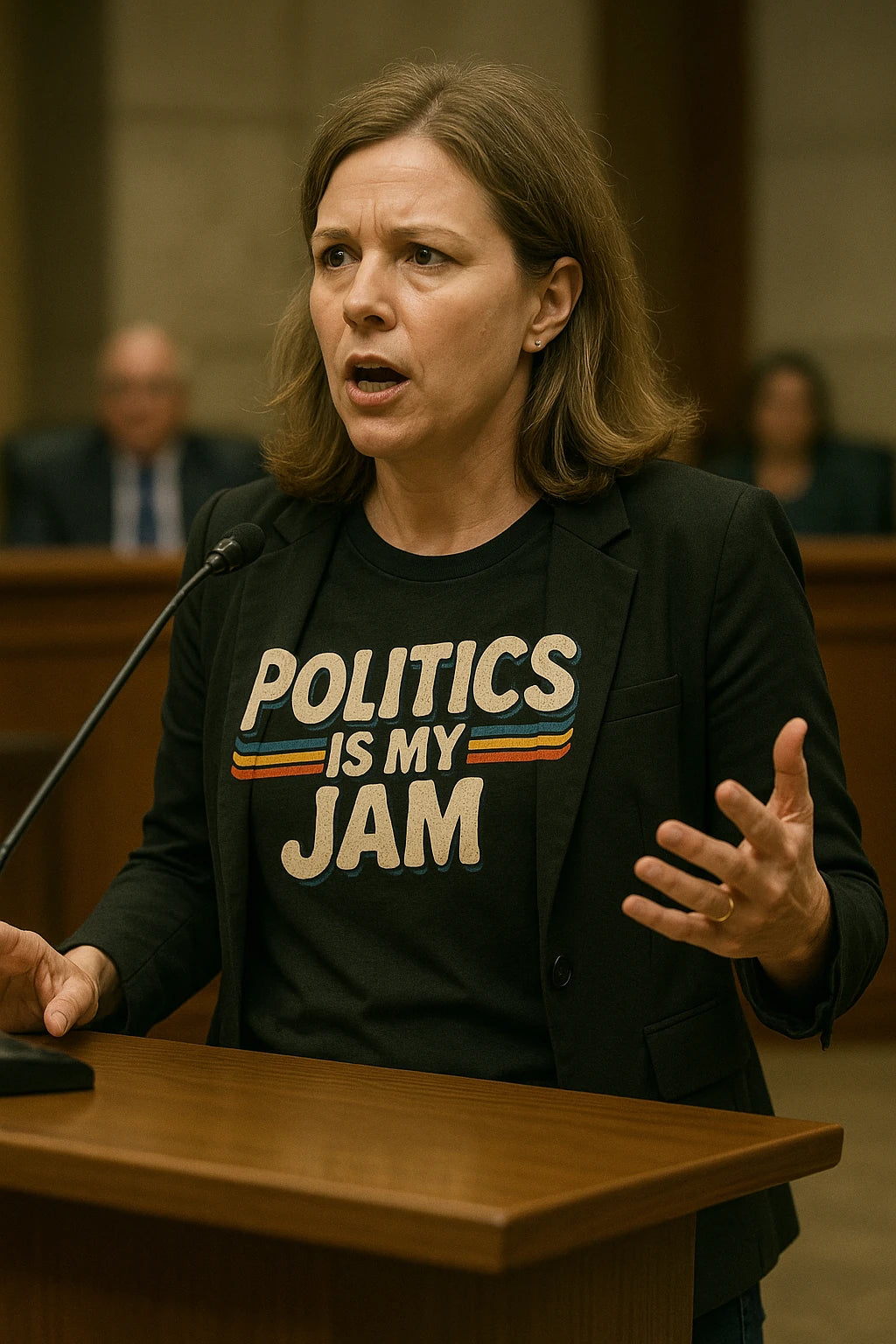 "Politics Is My Jam" black politics shirts, photographed as gifts for politics lovers