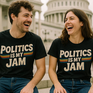 Person wearing the black politics shirts graphic tee - "Politics Is My Jam" design