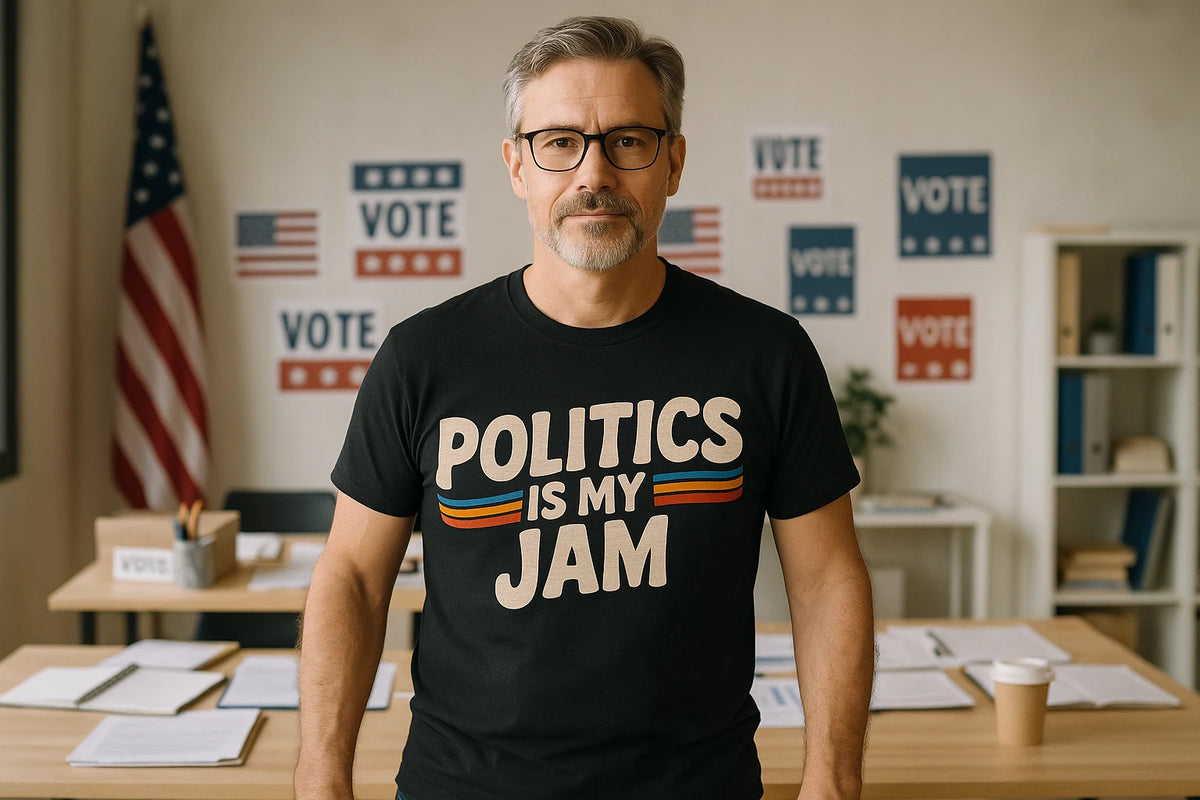 Lifestyle shot of the "Politics Is My Jam" black politics shirts in a real-world setting