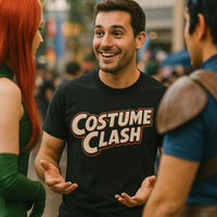 A person wearing a black T-shirt with 