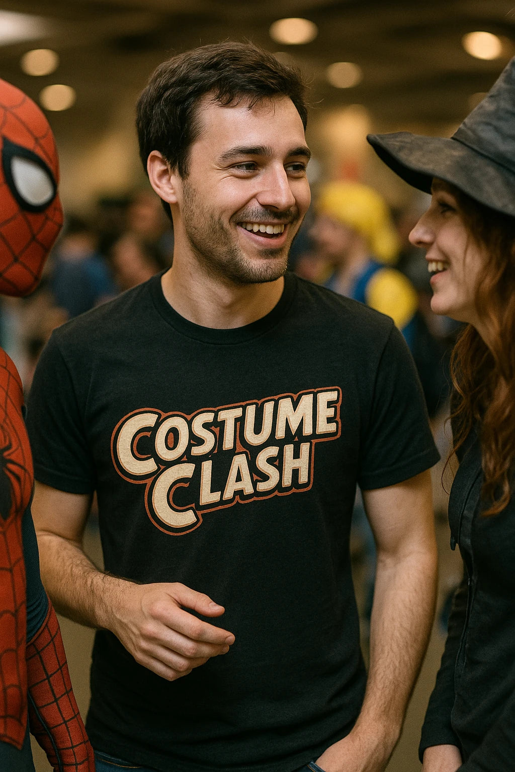 A man with short dark hair and a beard is smiling while standing with a woman wearing a witch hat. The man is wearing a black t-shirt with the text "COSTUME CLASH." There is a person dressed as Spider-Man on his other side. The background is blurred, indicating a crowded indoor event, likely a convention or gathering.