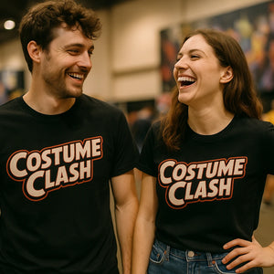 Person wearing the black cosplayers t shirt graphic tee - "Costume Clash" design