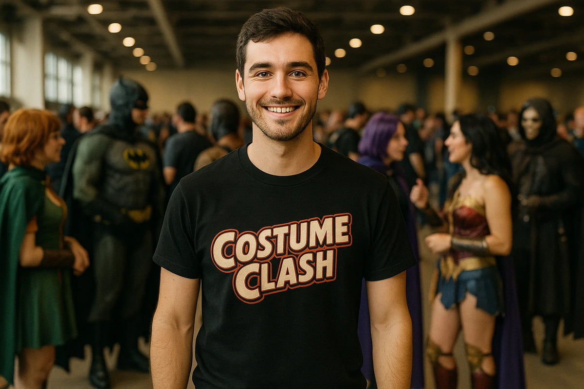 Lifestyle shot of the "Costume Clash" black cosplayers t shirt in a real-world setting