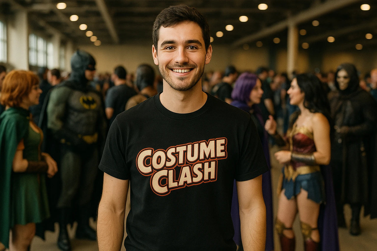 A smiling man wearing a black T-shirt with the words "COSTUME CLASH" stands in a crowded indoor space. The background features people dressed in various superhero and fantasy costumes, indicating a themed event or convention.