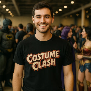 Lifestyle shot of the "Costume Clash" black cosplayers t shirt in a real-world setting