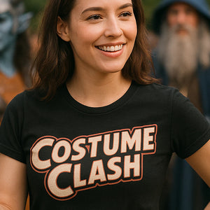 "Costume Clash" black cosplayers t shirt, photographed as cosplayers lover gift
