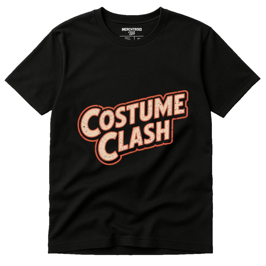 A black t-shirt with the text "Costume Clash" printed in bold, stylized letters across the front. The text has a vintage effect with an orange outline and white fill. The shirt label displays "MERCHTROID."