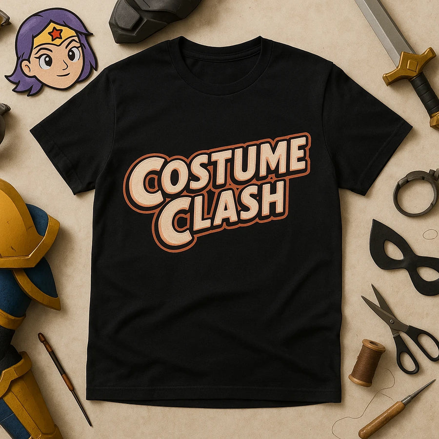 A black t-shirt with the words "COSTUME CLASH" printed on it in bold, retro-style lettering. The shirt is surrounded by cosplay props including a purple-haired character cutout, a sword, a mask, armor pieces, scissors, and thread on a beige background.